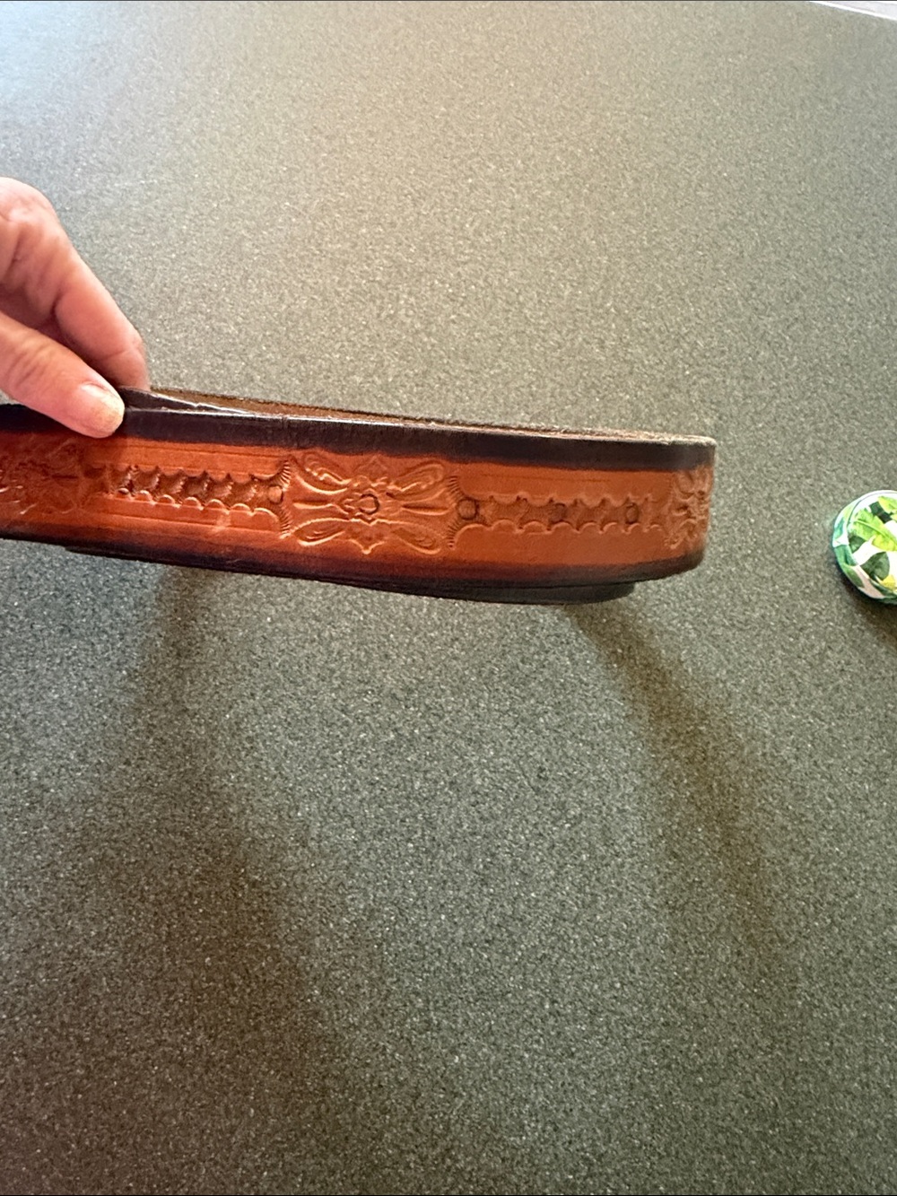 Vintage Tooled Brown Leather Belt with stamped 52 BY PRES, never worn